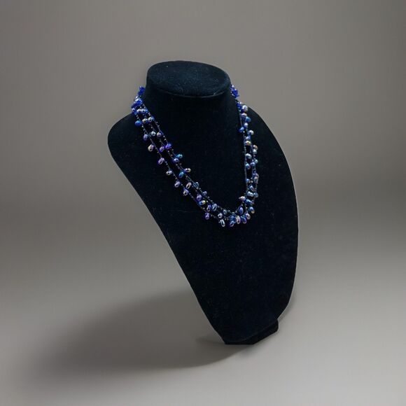 Boho Beaded Necklace Iridescent Purple Blue Glass Beads Layered Vintage Jewelry - Picture 3 of 7